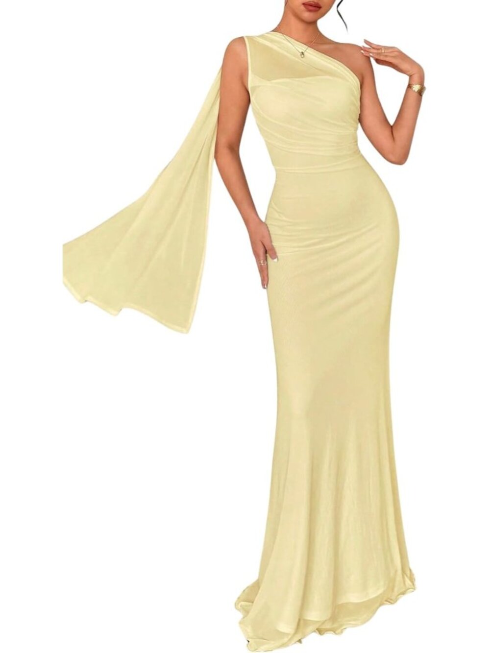 Women's Light Yellow Off The Shoulder Mid Waist Mermaid Cocktail Maxi Dress